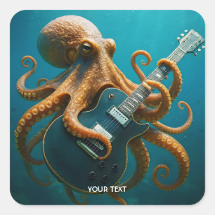 Fantasy Cute Octopus Spelar Guitar Fyrkantigt Klistermärke