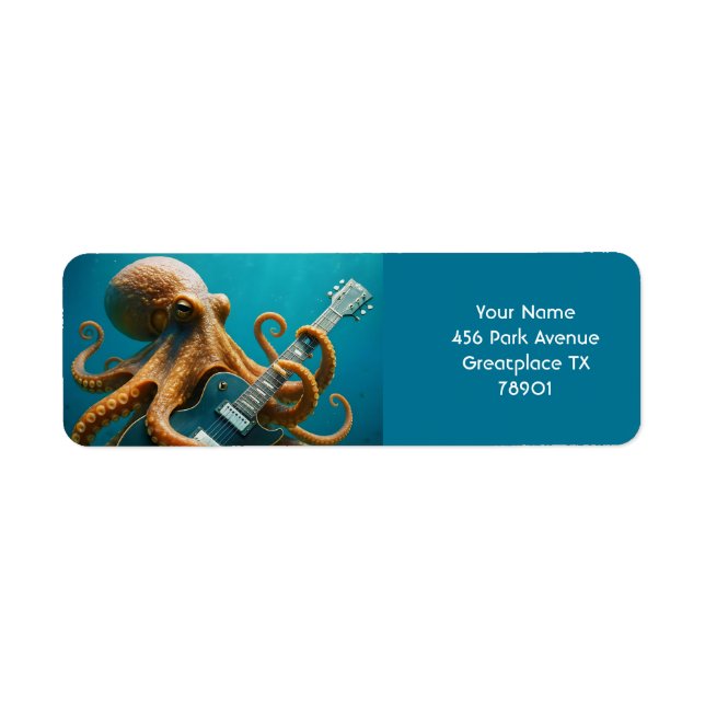 Fantasy Cute Octopus Spelar Guitar Returadress Etikett (Framsidan)
