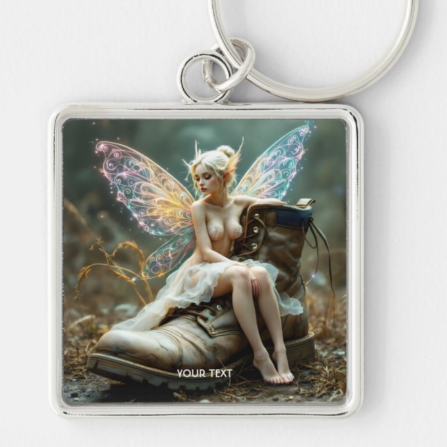 Fantasy Cute Old Big Boot Fyrkantig Silverfärgad Nyckelring (Framsidan)