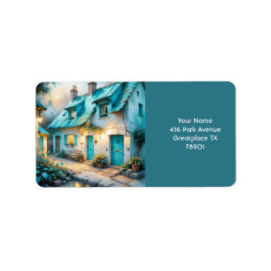 Fantasy Cute Old Blue House Adressetikett