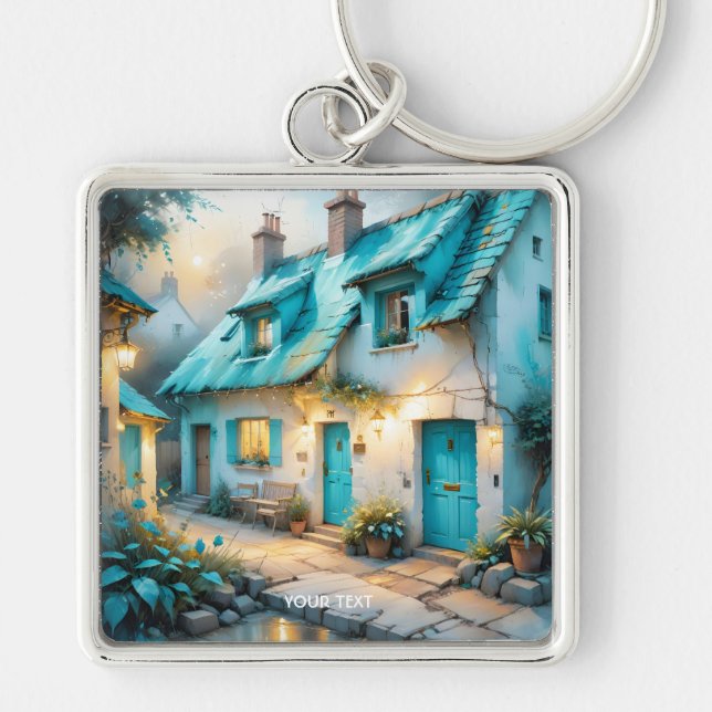 Fantasy Cute Old Blue House Fyrkantig Silverfärgad Nyckelring (Framsidan)
