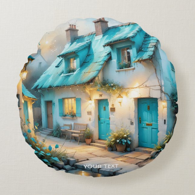 Fantasy Cute Old Blue House Rund Kudde (Framsidan)