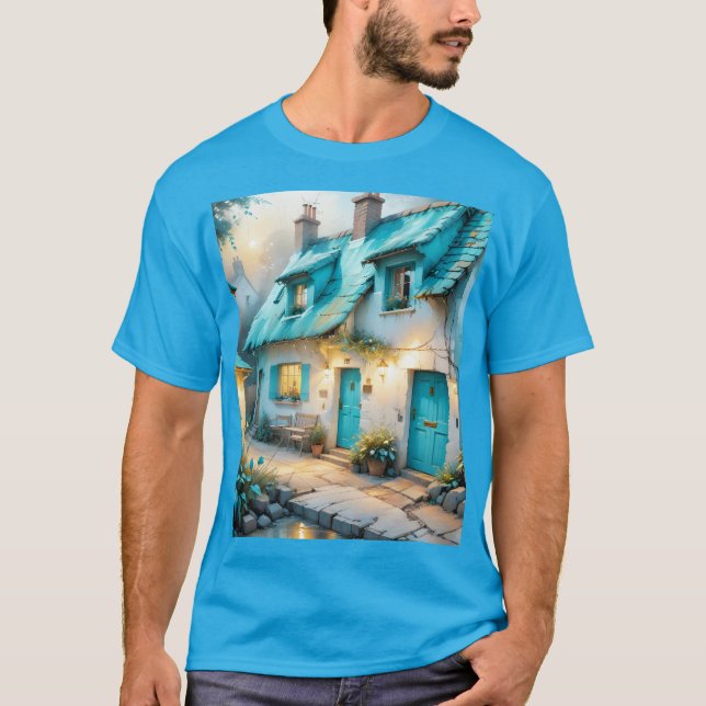 Fantasy Cute Old Blue House T Shirt (Framsida)