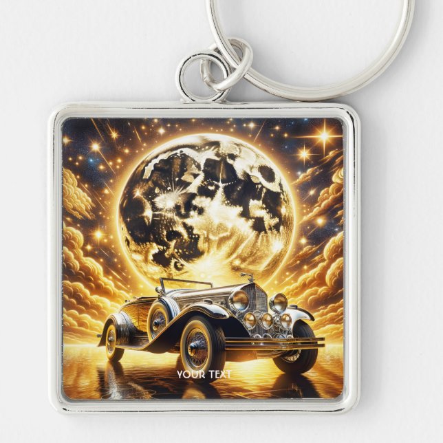 Fantasy Cute Old Car Måne Fyrkantig Silverfärgad Nyckelring (Framsidan)