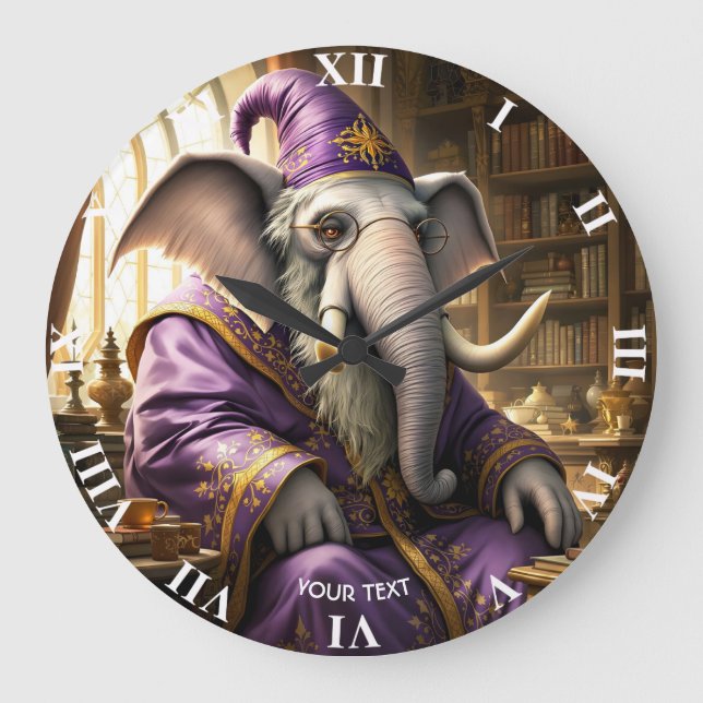 Fantasy Cute Old Elephant Wizard Stor Klocka (Framsida)
