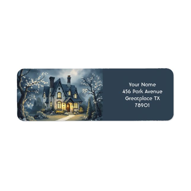 Fantasy Cute Old House Natt Returadress Etikett (Framsidan)