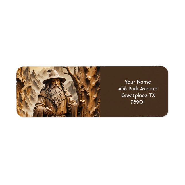 Fantasy Cute Old Wizard Wood Returadress Etikett (Framsidan)