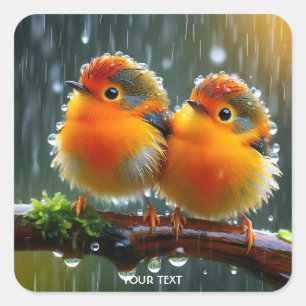 Fantasy Cute Orange Birds Rain Fyrkantigt Klistermärke