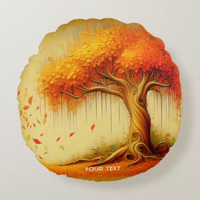 Fantasy Cute Orange Fall Träd Rund Kudde (Framsidan)