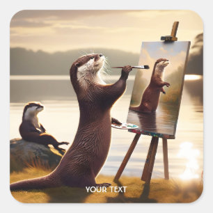 Fantasy Cute Otter Painter Porträtt Fyrkantigt Klistermärke