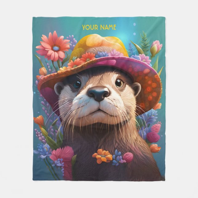 Fantasy Cute Otter Vivid Flowers Fleecefilt (Framsidan)