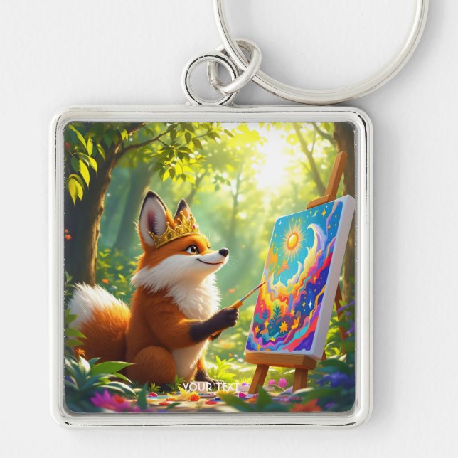 Fantasy Cute Paeing Kung Fox Fyrkantig Silverfärgad Nyckelring (Framsidan)