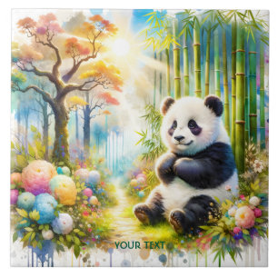 Fantasy Cute Panda Bamboo Forest Kakelplatta