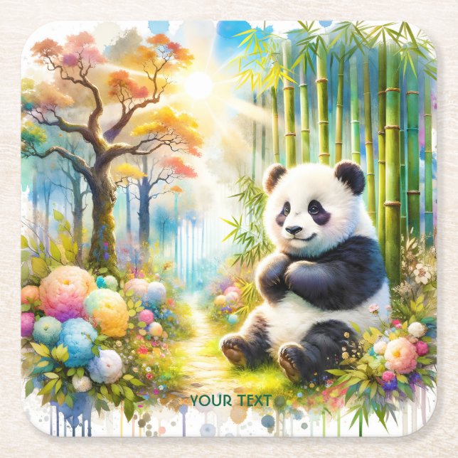 Fantasy Cute Panda Bamboo Forest Underlägg Papper Kvadrat (Framsidan)