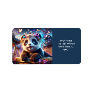 Fantasy Cute Panda Butterflies Flowers Adressetikett
