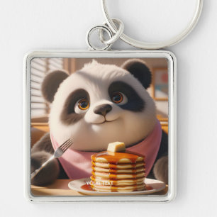 Fantasy Cute Panda Eating Pancakes Fyrkantig Silverfärgad Nyckelring