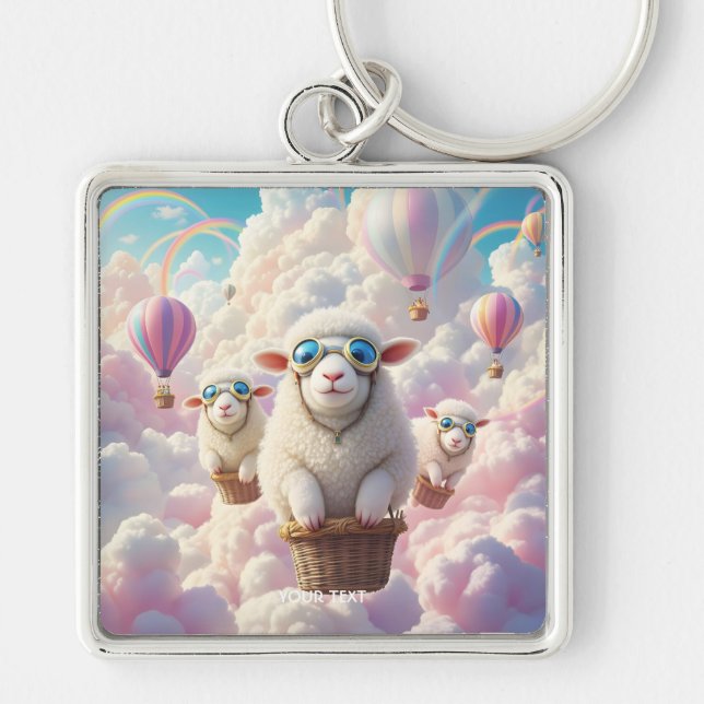 Fantasy Cute Pastel Family Sheep Fyrkantig Silverfärgad Nyckelring (Framsidan)