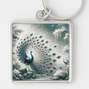 Fantasy Cute Peacock Rain Träd Fyrkantig Silverfärgad Nyckelring