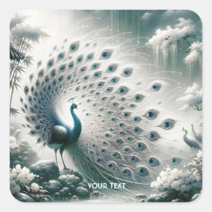 Fantasy Cute Peacock Rain Träd Fyrkantigt Klistermärke