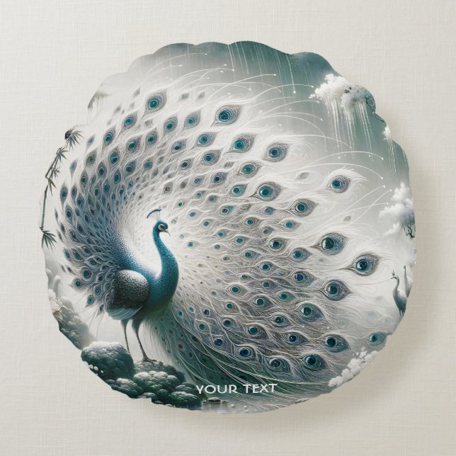 Fantasy Cute Peacock Rain Träd Rund Kudde (Framsidan)