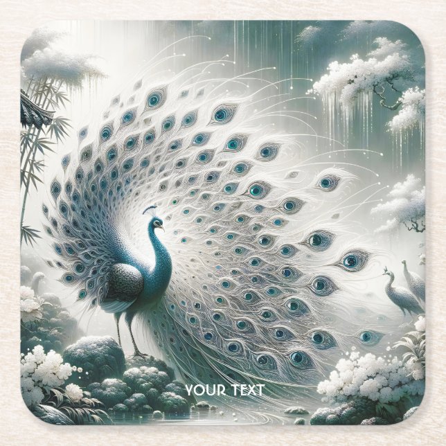 Fantasy Cute Peacock Rain Träd Underlägg Papper Kvadrat (Framsidan)