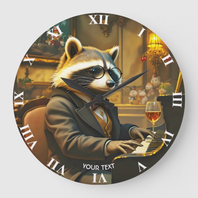 Fantasy Cute Piano Racoon Playing Stor Klocka (Framsida)
