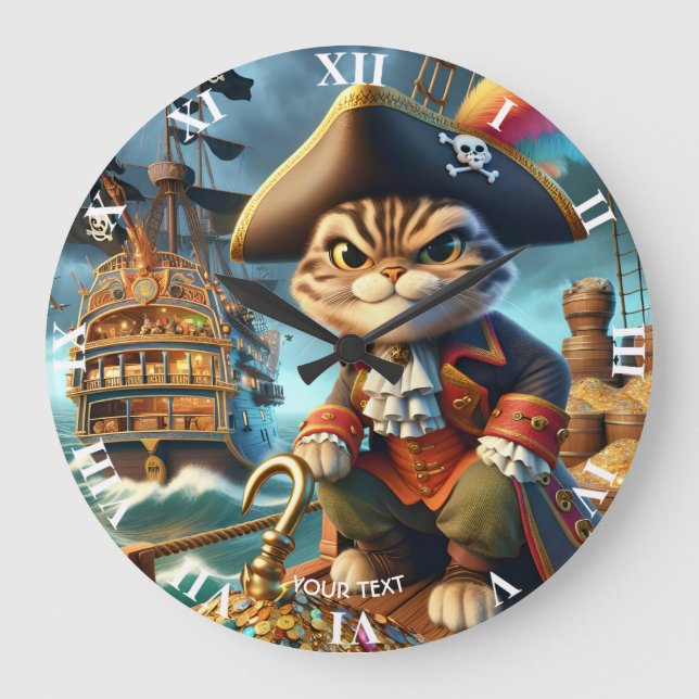Fantasy Cute Pirat Cat Frakt Stor Klocka (Framsida)