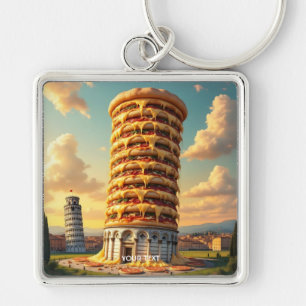 Fantasy Cute Pisa Torn Pizza Fyrkantig Silverfärgad Nyckelring