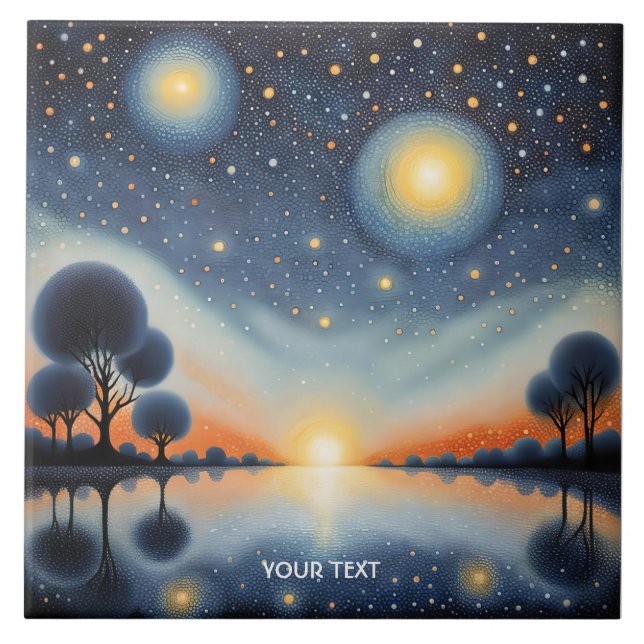 Fantasy Cute Pointillist Night liggande Kakelplatta (Framsidan)