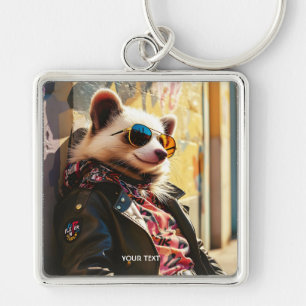Fantasy Cute Possum Leather Jacka Fyrkantig Silverfärgad Nyckelring