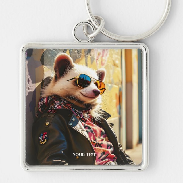 Fantasy Cute Possum Leather Jacka Fyrkantig Silverfärgad Nyckelring (Framsidan)