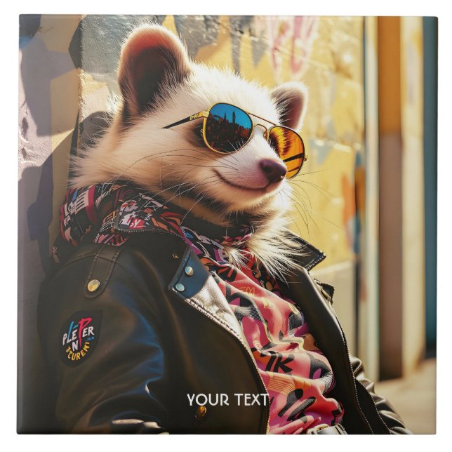 Fantasy Cute Possum Leather Jacka Kakelplatta (Framsidan)
