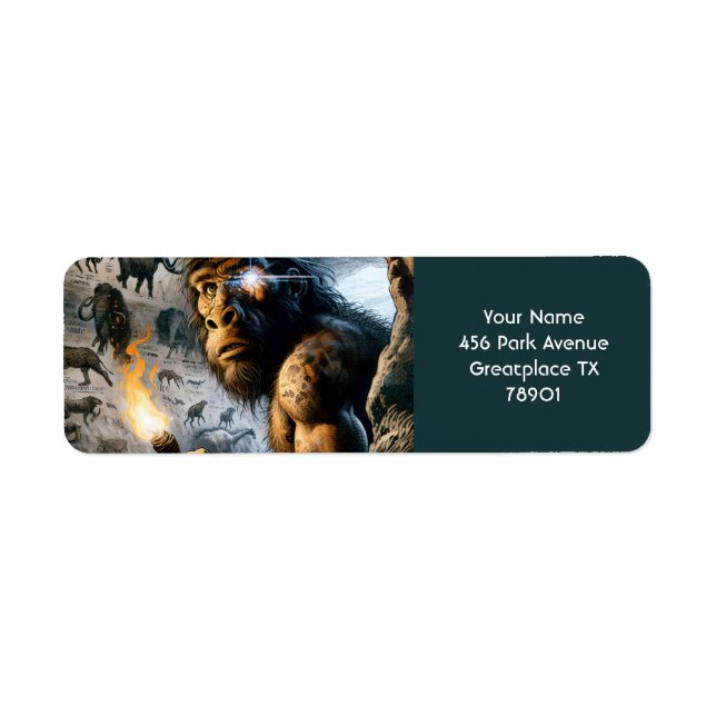 Fantasy Cute Prehistorisk Man Teckning Returadress Etikett (Framsidan)