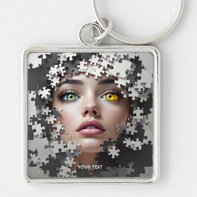 Fantasy Cute Puzzle Girl Face  Fyrkantig Silverfärgad Nyckelring (Framsidan)