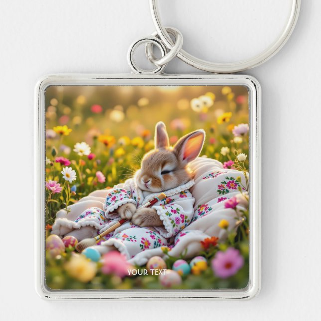 Fantasy Cute Rabbit Painter Flowers Fyrkantig Silverfärgad Nyckelring (Framsidan)