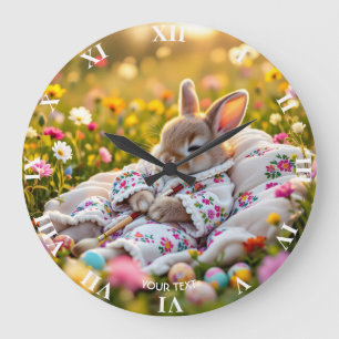 Fantasy Cute Rabbit Painter Flowers Stor Klocka