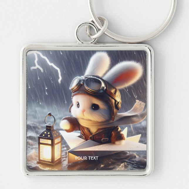 Fantasy Cute Rabbit Post Lantern Fyrkantig Silverfärgad Nyckelring (Framsidan)