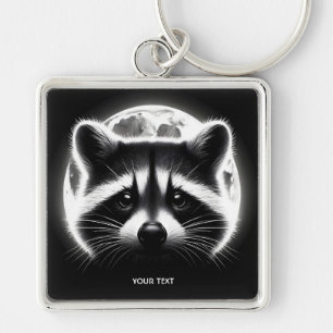 Fantasy Cute Racoon Ansikte Måne Fyrkantig Silverfärgad Nyckelring