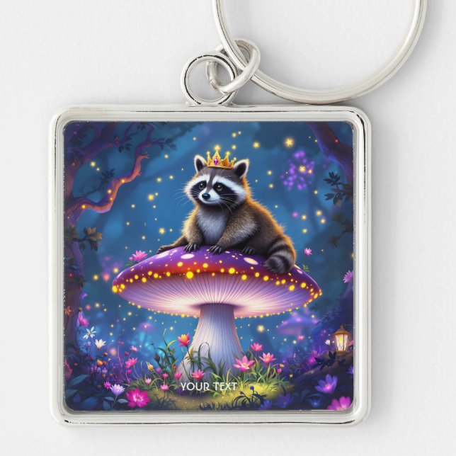 Fantasy Cute Racoon Mushroom Crown Fyrkantig Silverfärgad Nyckelring (Framsidan)