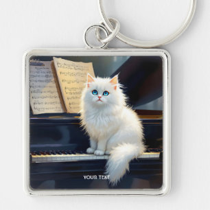 Fantasy Cute Ragdoll Cat on Piano Fyrkantig Silverfärgad Nyckelring