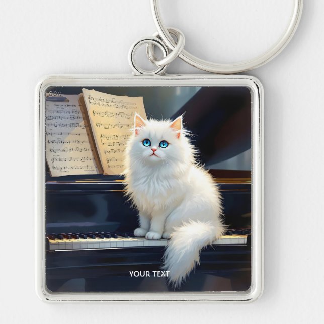 Fantasy Cute Ragdoll Cat on Piano Fyrkantig Silverfärgad Nyckelring (Framsidan)