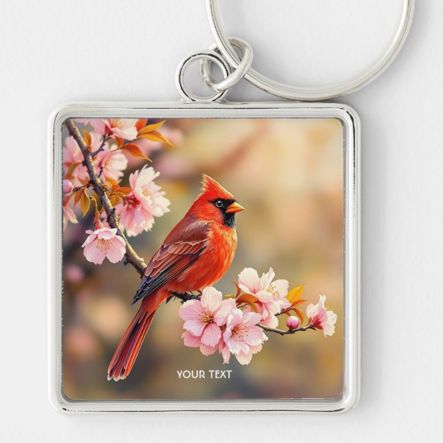 Fantasy Cute Red Bird Cherry Fyrkantig Silverfärgad Nyckelring (Framsidan)