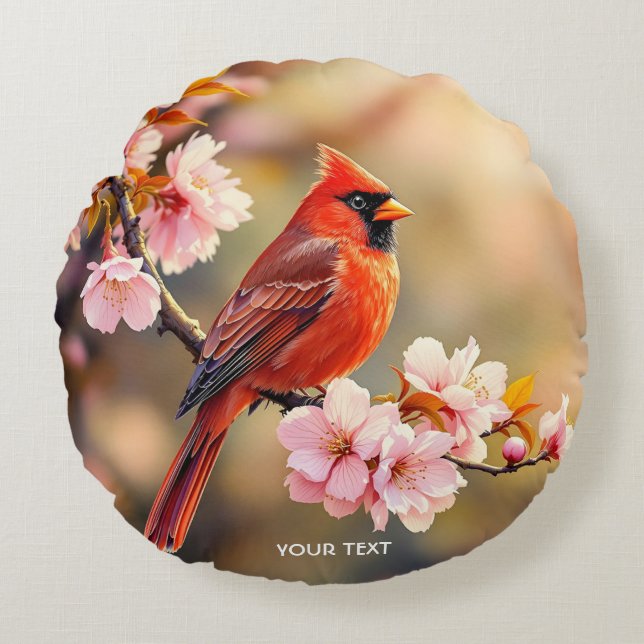 Fantasy Cute Red Bird Cherry Rund Kudde (Framsidan)