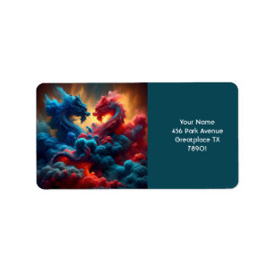 Fantasy Cute Red Blue Dragons Adressetikett