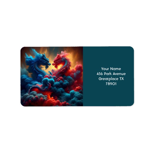 Fantasy Cute Red Blue Dragons Adressetikett (Framsidan)