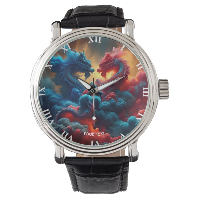 Fantasy Cute Red Blue Dragons Armbandsur (Framsida)