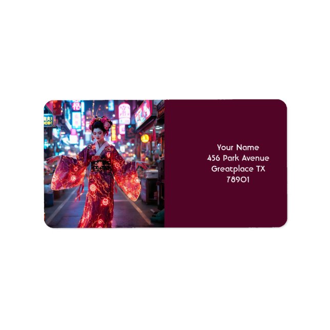 Fantasy Cute Red Cyber Kimono Adressetikett (Framsidan)