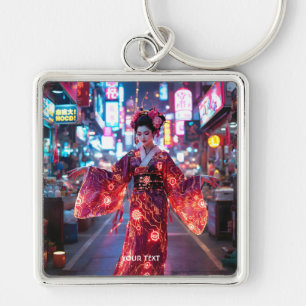 Fantasy Cute Red Cyber Kimono Fyrkantig Silverfärgad Nyckelring