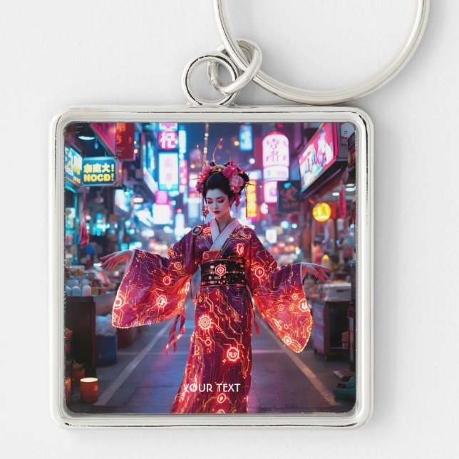 Fantasy Cute Red Cyber Kimono Fyrkantig Silverfärgad Nyckelring (Framsidan)