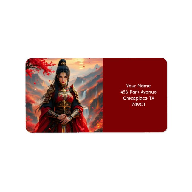 Fantasy Cute Red Female Samurai Adressetikett (Framsidan)